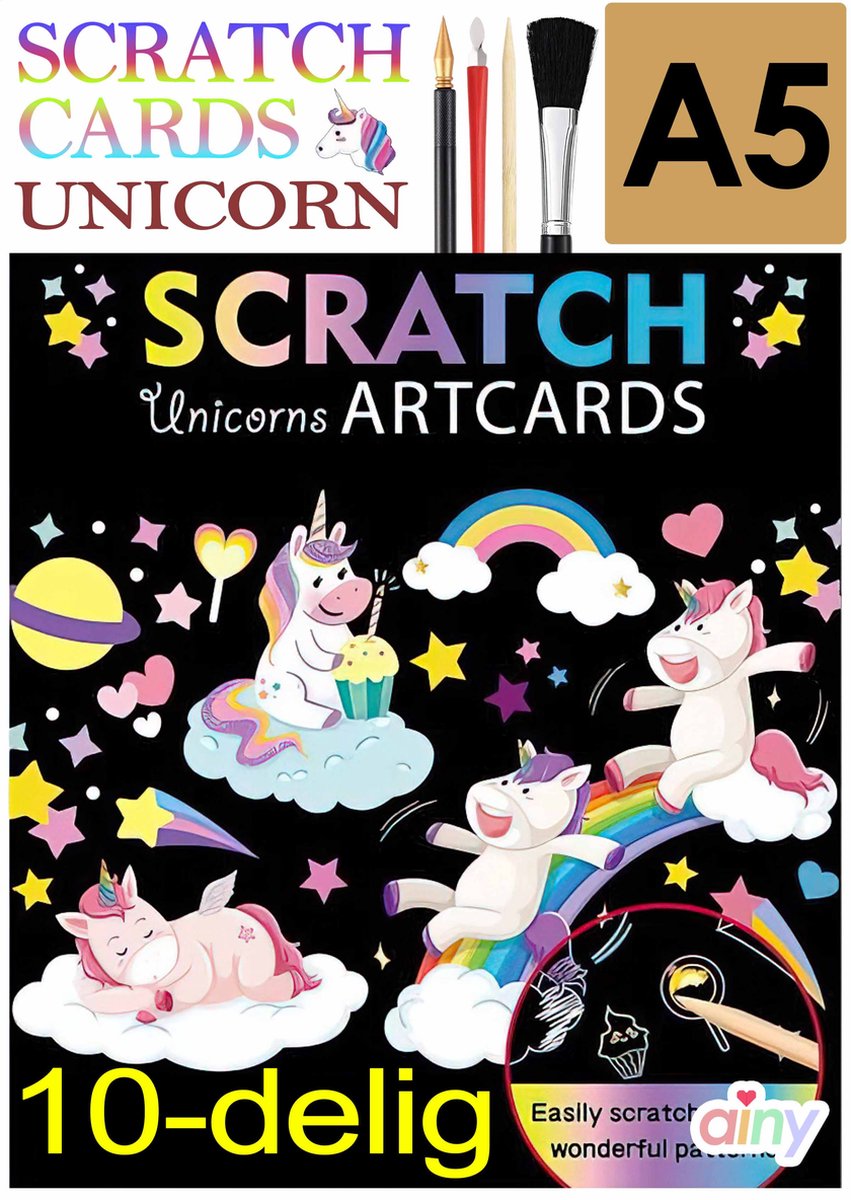 Ainy - Scratch Art Unicorn | 9 krastekening incl. scratch pen | Kras tekeningen | Schilderen op kleuren kunst kraskaart | hobby & creatief voor volwassenen en kinderen | Knutselen - ontspanningspakket | DIY schilderijen set nummer 2